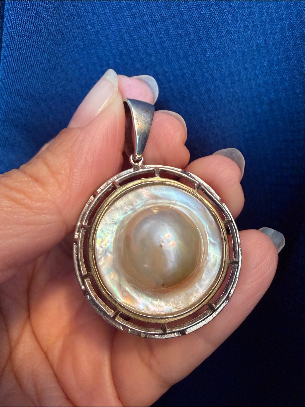 STERLING SILVER BLISTER PEARL PENDANT vintage
